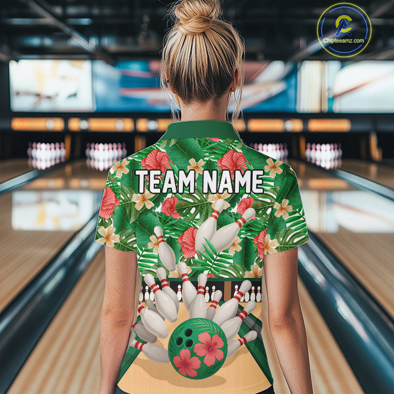 Green tropical flower Bowling Polo, Quarter Zip Shirts For Women Custom bowling team jersey NQS10945