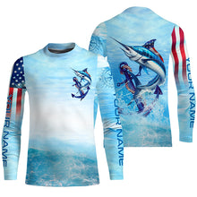 Load image into Gallery viewer, Marlin fishing blue water anchor compass American flag custom patriotic long sleeve Fishing jerseys NQS6901