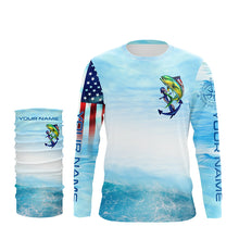 Load image into Gallery viewer, Mahi mahi fishing blue water anchor compass American flag custom patriotic long sleeve Fishing jerseys NQS6902