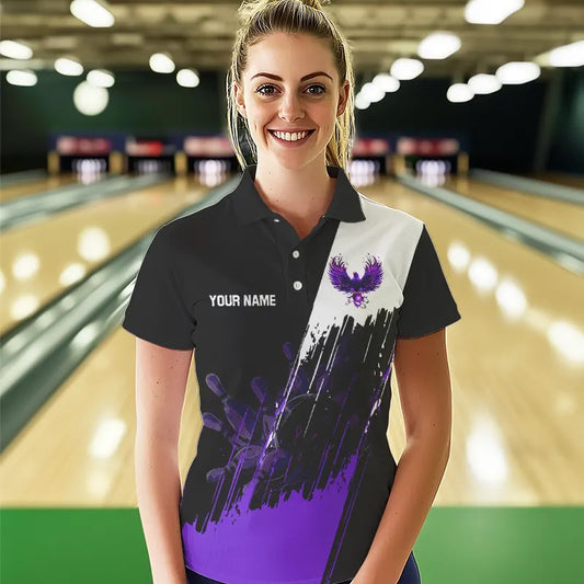 Black and Purple Eagle bowling jerseys Polo, Quarter Zip Shirt for Women Custom Bowling Team shirts NQS9437