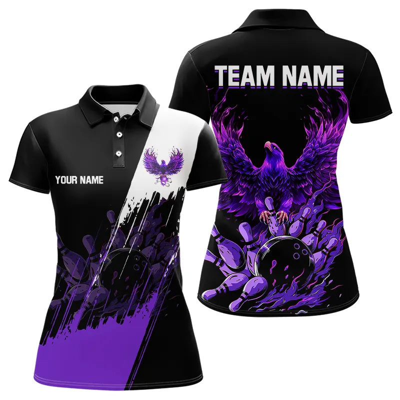 Black and Purple Eagle bowling jerseys Polo, Quarter Zip Shirt for Women Custom Bowling Team shirts NQS9437