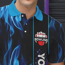 Load image into Gallery viewer, Blue Flame American Flag Men Bowling Polo, Quarter Zip Shirt  Custom Patriotic Bowling Team Jerseys NQS9439