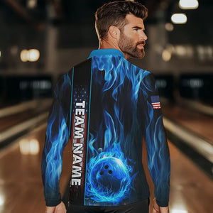 Blue Flame American Flag Men Bowling Polo, Quarter Zip Shirt  Custom Patriotic Bowling Team Jerseys NQS9439