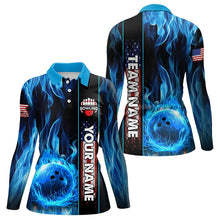 Load image into Gallery viewer, Blue Flame American Flag Women Bowling Polo, Quarter Zip Shirt  Custom Patriotic Bowling Team Jerseys NQS9439