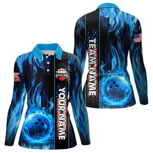 Blue Flame American Flag Women Bowling Polo, Quarter Zip Shirt  Custom Patriotic Bowling Team Jerseys NQS9439