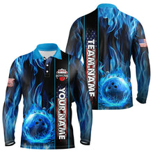 Load image into Gallery viewer, Blue Flame American Flag Men Bowling Polo, Quarter Zip Shirt  Custom Patriotic Bowling Team Jerseys NQS9439