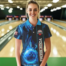 Load image into Gallery viewer, Blue Flame American Flag Women Bowling Polo, Quarter Zip Shirt  Custom Patriotic Bowling Team Jerseys NQS9439