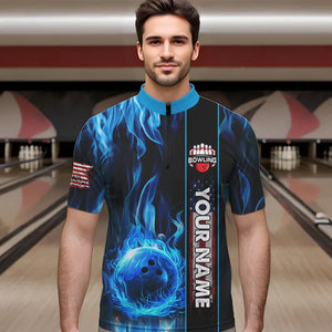 Blue Flame American Flag Men Bowling Polo, Quarter Zip Shirt  Custom Patriotic Bowling Team Jerseys NQS9439