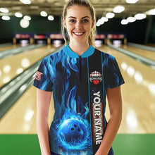 Load image into Gallery viewer, Blue Flame American Flag Women Bowling Polo, Quarter Zip Shirt  Custom Patriotic Bowling Team Jerseys NQS9439