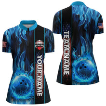 Load image into Gallery viewer, Blue Flame American Flag Women Bowling Polo, Quarter Zip Shirt  Custom Patriotic Bowling Team Jerseys NQS9439