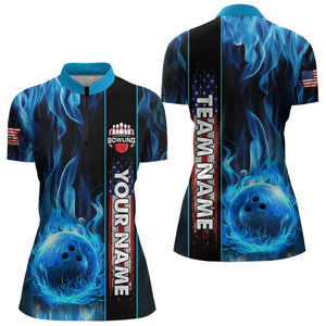 Blue Flame American Flag Women Bowling Polo, Quarter Zip Shirt  Custom Patriotic Bowling Team Jerseys NQS9439