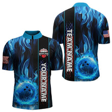 Load image into Gallery viewer, Blue Flame American Flag Men Bowling Polo, Quarter Zip Shirt  Custom Patriotic Bowling Team Jerseys NQS9439