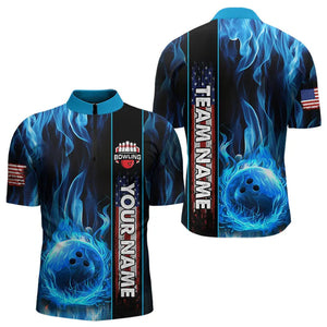 Blue Flame American Flag Men Bowling Polo, Quarter Zip Shirt  Custom Patriotic Bowling Team Jerseys NQS9439