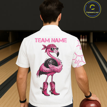 Funny Cute Pink Flamingo Custom White & Pink Bowling Hawaiian Shirts, Flamingo Bowling Team Outfits NQS11544
