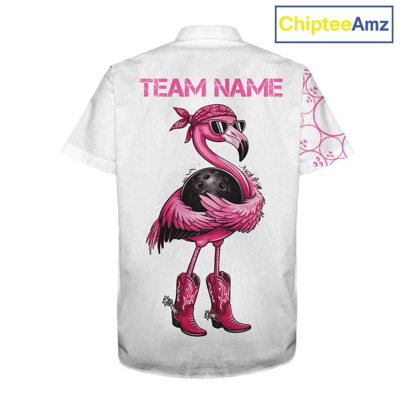 Funny Cute Pink Flamingo Custom White & Pink Bowling Hawaiian Shirts, Flamingo Bowling Team Outfits NQS11544