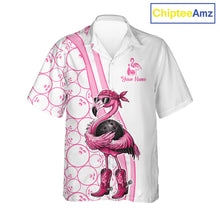 Load image into Gallery viewer, Funny Cute Pink Flamingo Custom White &amp; Pink Bowling Hawaiian Shirts, Flamingo Bowling Team Outfits NQS11544