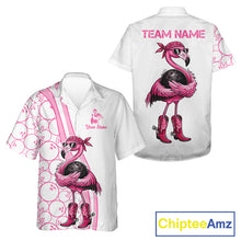 Load image into Gallery viewer, Funny Cute Pink Flamingo Custom White &amp; Pink Bowling Hawaiian Shirts, Flamingo Bowling Team Outfits NQS11544