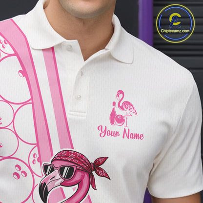 Funny Cute Pink Flamingo Custom White and Pink Bowling Shirts For Men, Flamingo Bowling Team Outfits NQS11544