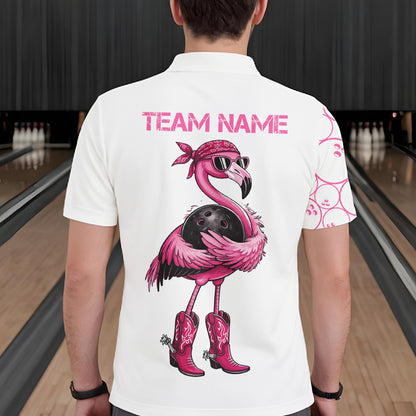 Funny Cute Pink Flamingo Custom White and Pink Bowling Shirts For Men, Flamingo Bowling Team Outfits NQS11544