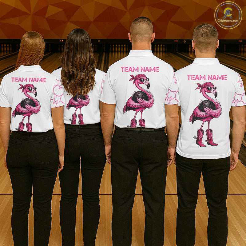 Funny Cute Pink Flamingo Custom White and Pink Bowling Shirts For Men, Flamingo Bowling Team Outfits NQS11544
