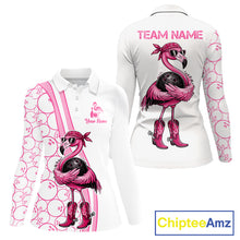 Load image into Gallery viewer, Funny Cute Pink Flamingo Custom White &amp; Pink Bowling Shirts For Ladies, Flamingo Bowling Team Outfits NQS11544