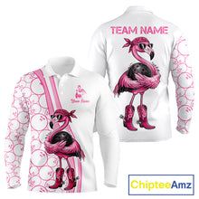 Load image into Gallery viewer, Funny Cute Pink Flamingo Custom White and Pink Bowling Shirts For Men, Flamingo Bowling Team Outfits NQS11544
