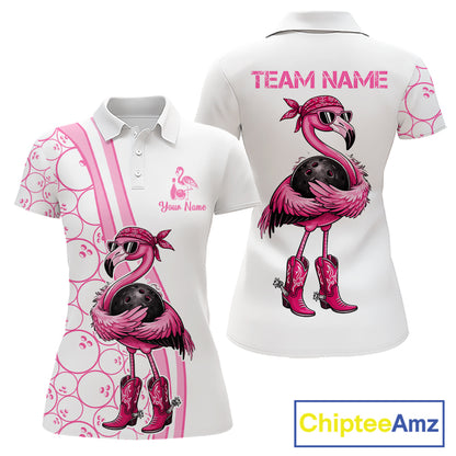 Funny Cute Pink Flamingo Custom White & Pink Bowling Shirts For Ladies, Flamingo Bowling Team Outfits NQS11544