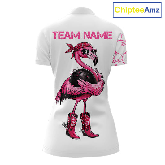 Funny Cute Pink Flamingo Custom White & Pink Bowling Shirts For Ladies, Flamingo Bowling Team Outfits NQS11544