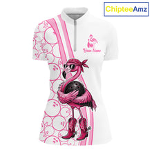 Load image into Gallery viewer, Funny Cute Pink Flamingo Custom White &amp; Pink Bowling Shirts For Ladies, Flamingo Bowling Team Outfits NQS11544