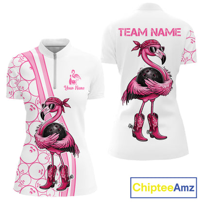 Funny Cute Pink Flamingo Custom White & Pink Bowling Shirts For Ladies, Flamingo Bowling Team Outfits NQS11544