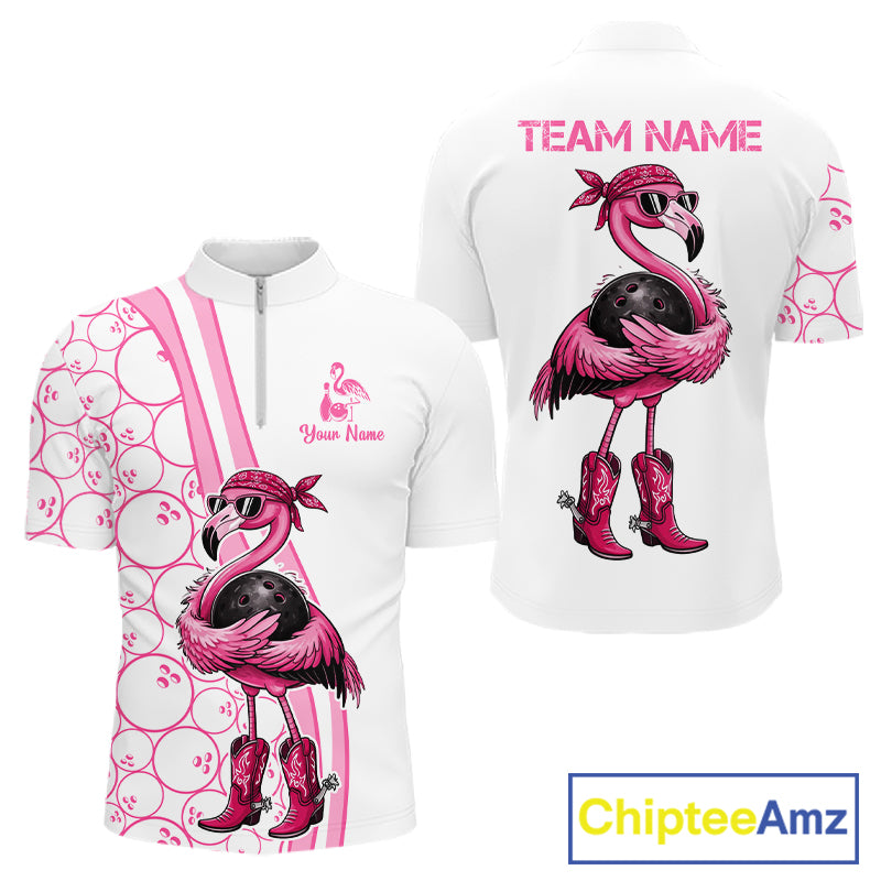 Funny Cute Pink Flamingo Custom White and Pink Bowling Shirts For Men, Flamingo Bowling Team Outfits NQS11544