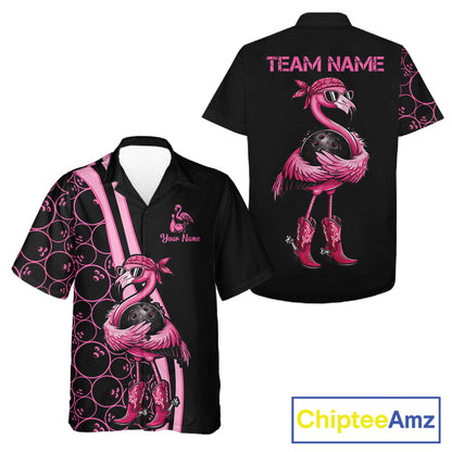 Funny Cute Pink Flamingo Custom Black & Pink Bowling Hawaiian Shirts, Flamingo Bowling Team Outfits NQS11545