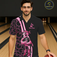 Load image into Gallery viewer, Funny Cute Pink Flamingo Custom Black &amp; Pink Bowling Hawaiian Shirts, Flamingo Bowling Team Outfits NQS11545
