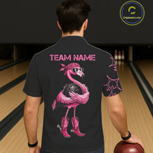 Load image into Gallery viewer, Funny Cute Pink Flamingo Custom Black &amp; Pink Bowling Hawaiian Shirts, Flamingo Bowling Team Outfits NQS11545