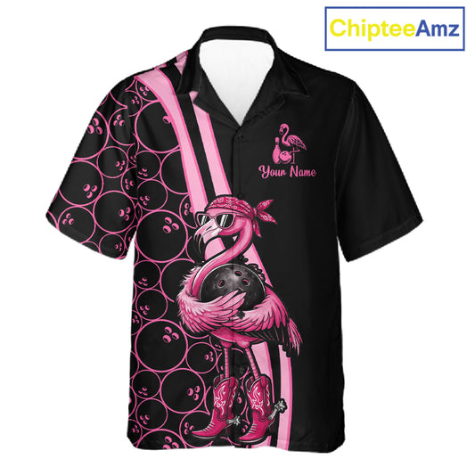 Funny Cute Pink Flamingo Custom Black & Pink Bowling Hawaiian Shirts, Flamingo Bowling Team Outfits NQS11545
