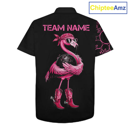 Funny Cute Pink Flamingo Custom Black & Pink Bowling Hawaiian Shirts, Flamingo Bowling Team Outfits NQS11545