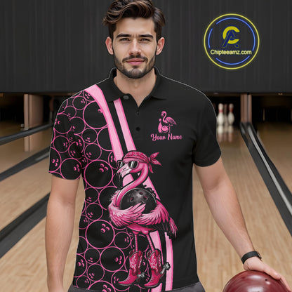 Funny Cute Pink Flamingo Custom Black and Pink Bowling Shirts For Men, Flamingo Bowling Team Outfits NQS11545