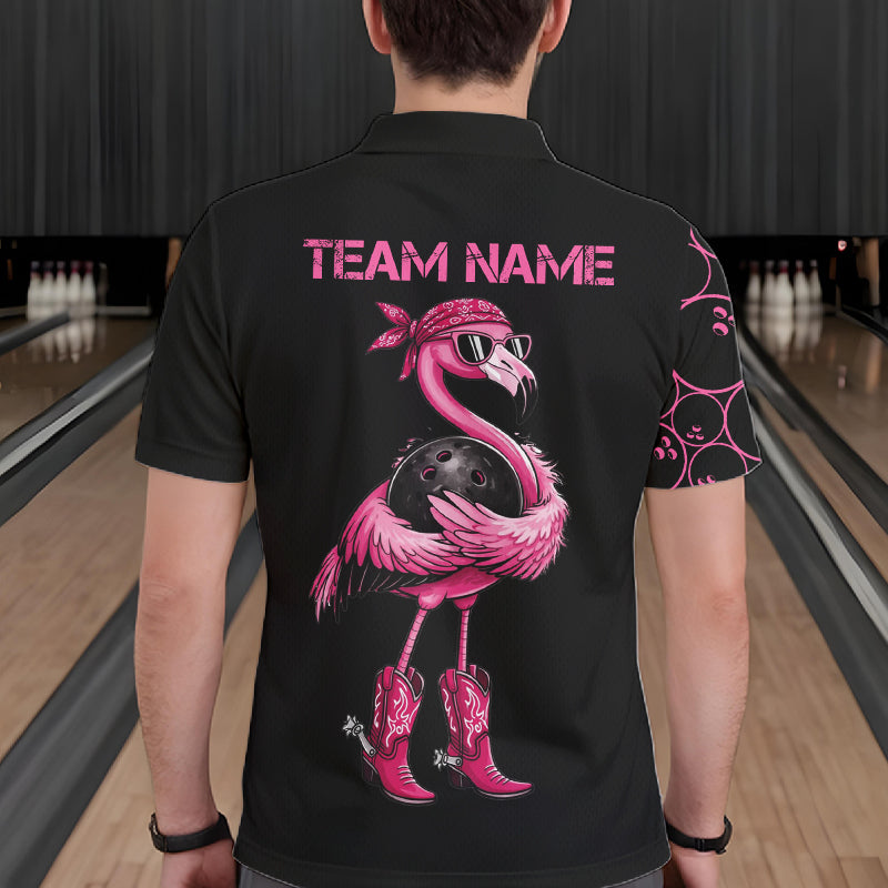 Funny Cute Pink Flamingo Custom Black and Pink Bowling Shirts For Men, Flamingo Bowling Team Outfits NQS11545