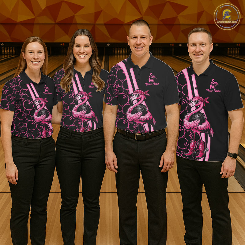 Funny Cute Pink Flamingo Custom Black and Pink Bowling Shirts For Men, Flamingo Bowling Team Outfits NQS11545