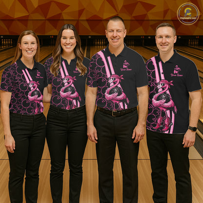 Funny Cute Pink Flamingo Custom Black and Pink Bowling Shirts For Men, Flamingo Bowling Team Outfits NQS11545