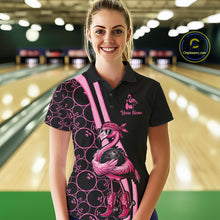 Load image into Gallery viewer, Funny Cute Pink Flamingo Custom Black &amp; Pink Bowling Shirts For Ladies, Flamingo Bowling Team Outfits NQS11545
