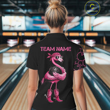 Load image into Gallery viewer, Funny Cute Pink Flamingo Custom Black &amp; Pink Bowling Shirts For Ladies, Flamingo Bowling Team Outfits NQS11545