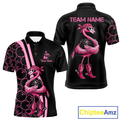 Funny Cute Pink Flamingo Custom Black and Pink Bowling Shirts For Men, Flamingo Bowling Team Outfits NQS11545