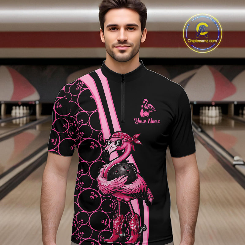 Funny Cute Pink Flamingo Custom Black and Pink Bowling Shirts For Men, Flamingo Bowling Team Outfits NQS11545