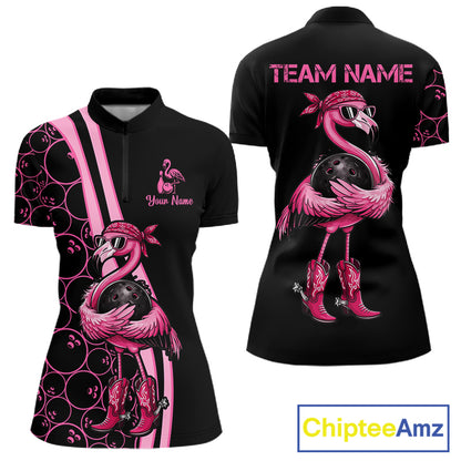 Funny Cute Pink Flamingo Custom Black & Pink Bowling Shirts For Ladies, Flamingo Bowling Team Outfits NQS11545