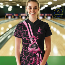 Load image into Gallery viewer, Funny Cute Pink Flamingo Custom Black &amp; Pink Bowling Shirts For Ladies, Flamingo Bowling Team Outfits NQS11545