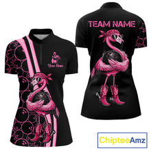 Load image into Gallery viewer, Funny Cute Pink Flamingo Custom Black &amp; Pink Bowling Shirts For Ladies, Flamingo Bowling Team Outfits NQS11545
