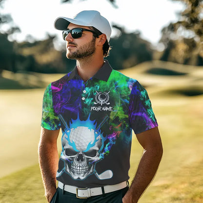 Colorful smoke Skull Golf Polo shirts for Men Custom Team Golf Jerseys, unique golf gifts NQS9610