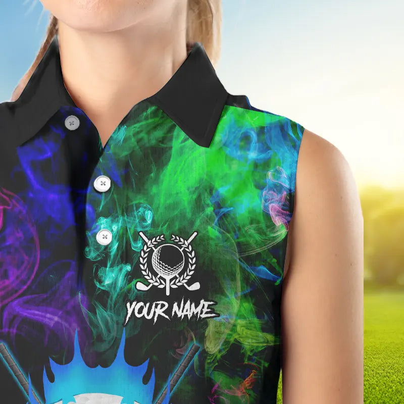 Colorful smoke Skull Sleeveless Golf Polo shirts for Women Custom Team Golf Jerseys, unique golf gifts NQS9610