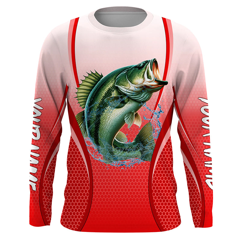 Largemouth bass Fishing camo Bass jersey custom name long sleeves shirts fishing apparel | Red NQS5056